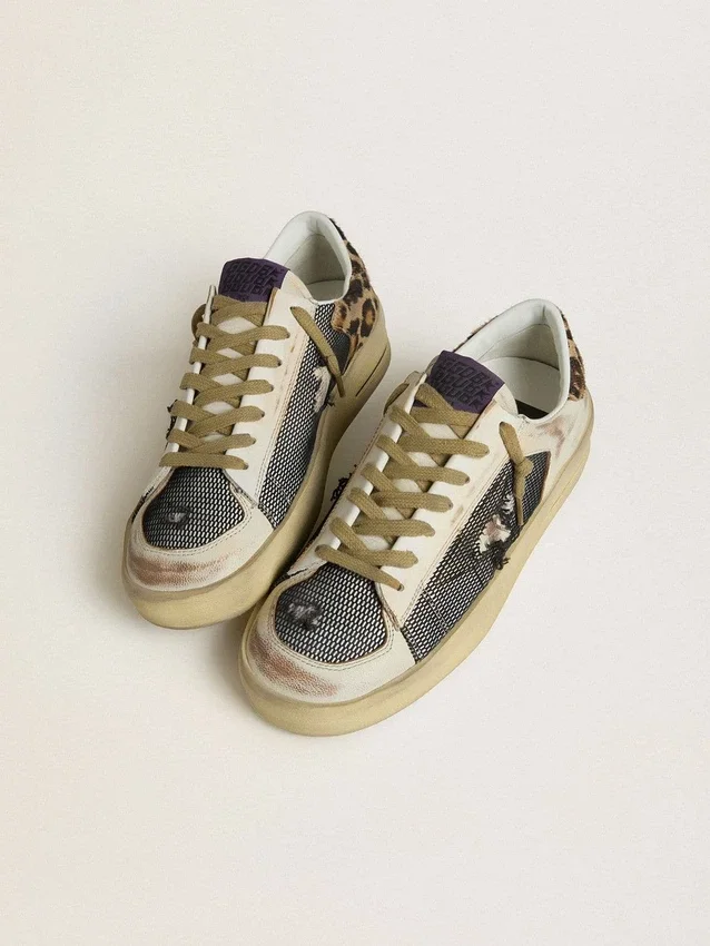 Damskie buty Stardan z nappy i siateczki z naszywką na pięcie z skóry kucyka w panterkę