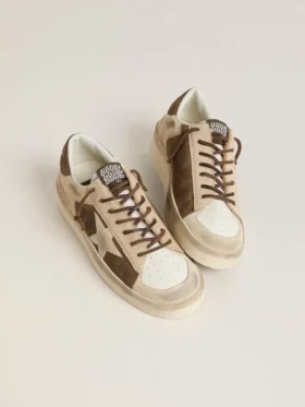 Damskie buty Stardan z zamszu w kolorze wojskowej zieleni i beżowej skóry kucykowej z beżową zamszową gwiazdą