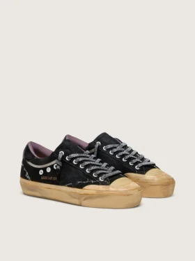 Damskie buty Super-Star LAB z czarnego laminowanego zamszu i nylonu z wypukłą gwiazdą oraz sznurowadłami z kryształkami