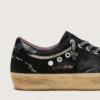 Damskie buty Super-Star LAB z czarnego laminowanego zamszu i nylonu z wypukłą gwiazdą oraz sznurowadłami z kryształkami