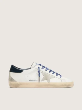 Męskie buty Super-Star LTD z białej skóry z zamszową gwiazdą i niebieską skórzaną wstawką na pięcie