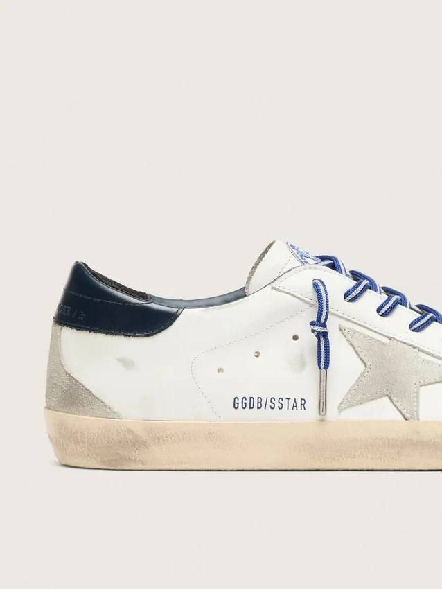 Damskie buty Super-Star LTD z białej skóry z zamszową gwiazdą i niebieską skórzaną wstawką na pięcie