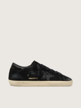 Damskie buty Super-Star LTD z czarnego zamszu z czarną brokatową gwiazdką i czarną skórzaną wstawką na pięcie