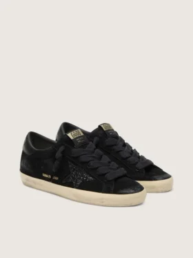 Damskie buty Super-Star LTD z czarnego zamszu z czarną brokatową gwiazdką i czarną skórzaną wstawką na pięcie