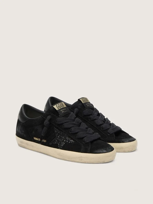 Damskie buty Super-Star LTD z czarnego zamszu z czarną brokatową gwiazdką i czarną skórzaną wstawką na pięcie