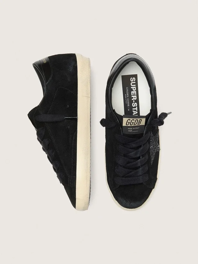 Damskie buty Super-Star LTD z czarnego zamszu z czarną brokatową gwiazdką i czarną skórzaną wstawką na pięcie