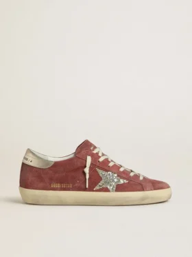 Damskie buty Super-Star LTD z czerwonego zamszu ze srebrną gwiazdką z brokatem i laminowaną skórzaną wstawką na pięcie
