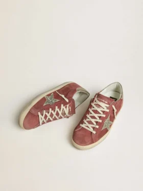 Damskie buty Super-Star LTD z czerwonego zamszu ze srebrną gwiazdką z brokatem i laminowaną skórzaną wstawką na pięcie