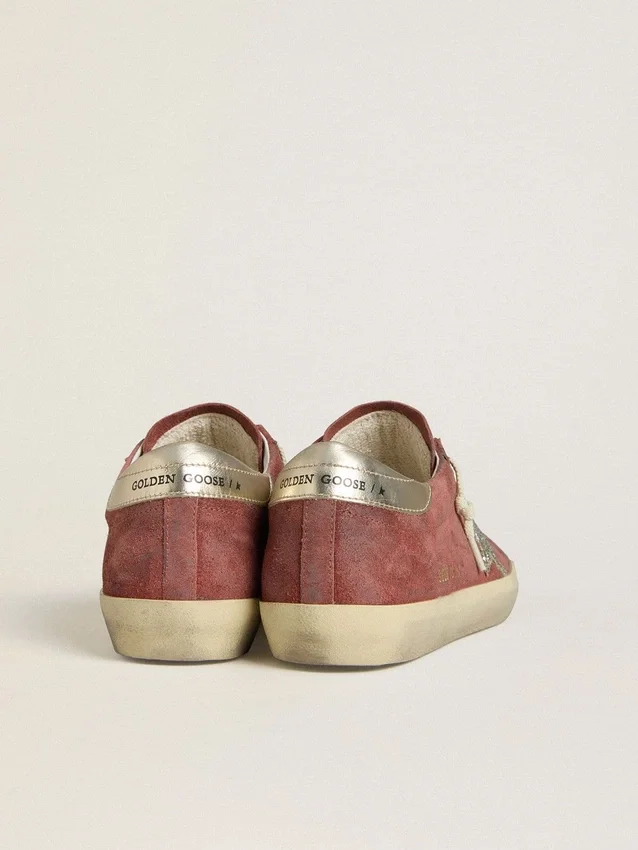 Damskie buty Super-Star LTD z czerwonego zamszu ze srebrną gwiazdką z brokatem i laminowaną skórzaną wstawką na pięcie