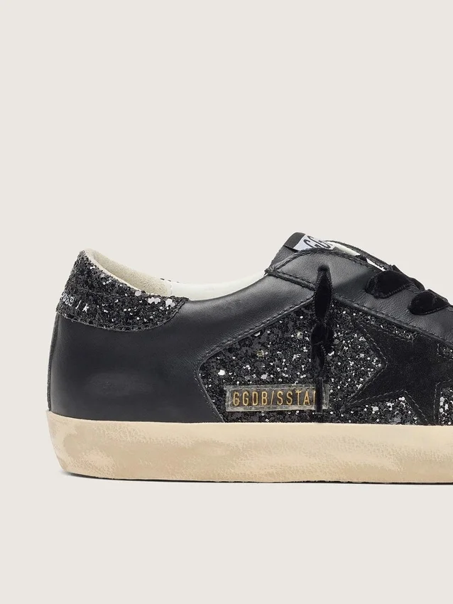 Damskie buty Super-Star w czarnym brokacie z czarną zamszową gwiazdą i skórzanymi wstawkami