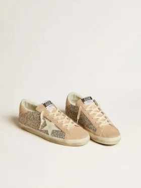 Damskie buty Super-Star w srebrnym brokacie z skórzaną gwiazdką i naszywką na pięcie