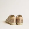 Damskie buty Super-Star w srebrnym brokacie z skórzaną gwiazdką i naszywką na pięcie