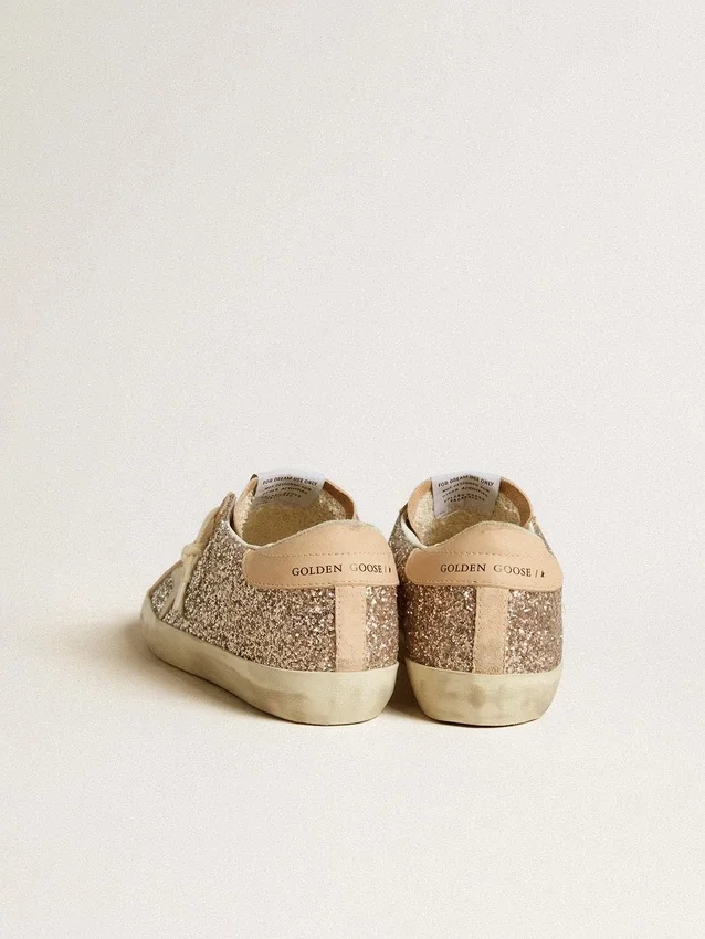 Damskie buty Super-Star w srebrnym brokacie z skórzaną gwiazdką i naszywką na pięcie