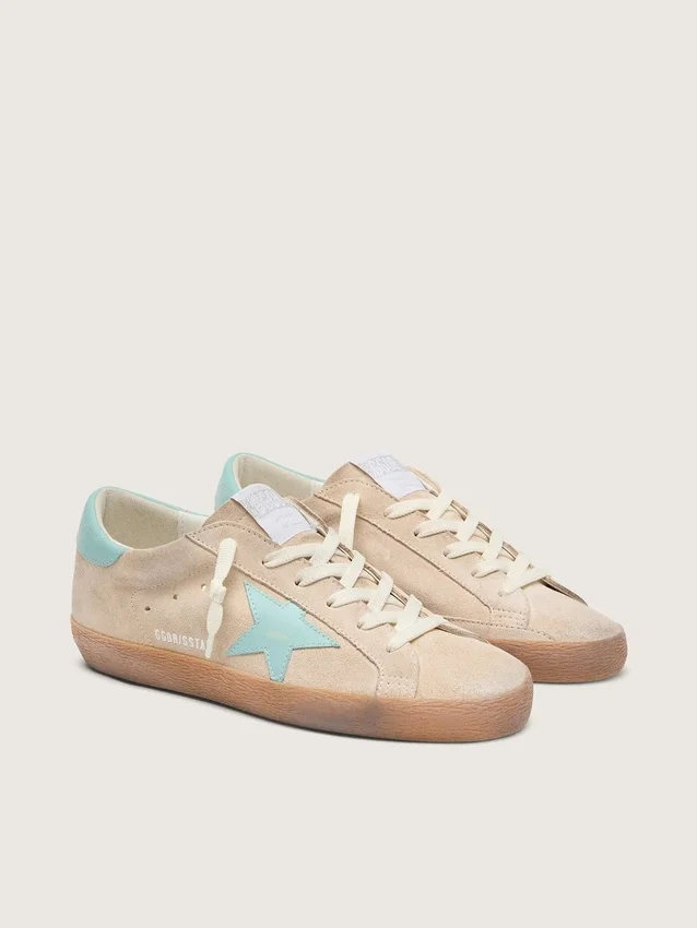 Damskie buty Super-Star z beżowego zamszu z gwiazdą w kolorze turkusowo-zielonym