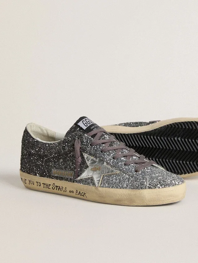 Damskie buty Super-Star z brokatową cholewką i srebrną metaliczną skórzaną gwiazdką