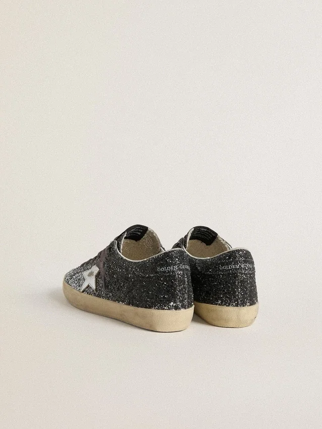 Damskie buty Super-Star z brokatową cholewką i srebrną metaliczną skórzaną gwiazdką