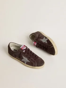 Damskie buty Super-Star z brązowego zamszu ze srebrną gwiazdą z brokatem