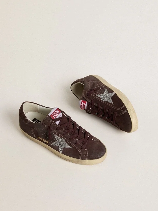 Damskie buty Super-Star z brązowego zamszu ze srebrną gwiazdą z brokatem
