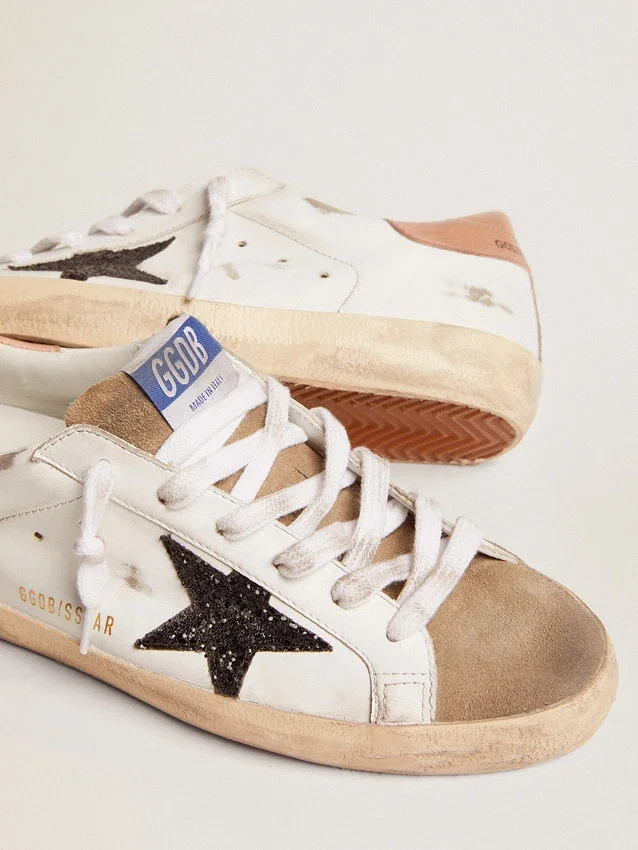 Damskie buty Super-Star z czarną brokatową gwiazdką i różową wstawką na obcasie