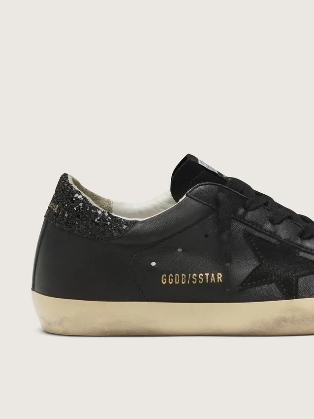 Damskie buty Super-Star z czarnej skóry nappa z czarną gwiazdą i błyszczącą wstawką na pięcie