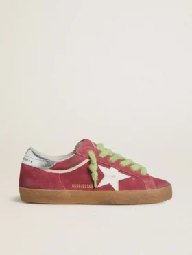 Damskie buty Super-Star z czerwonego zamszu z białą skórzaną gwiazdką i srebrną skórzaną wstawką na obcasie