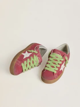 Damskie buty Super-Star z czerwonego zamszu z białą skórzaną gwiazdką i srebrną skórzaną wstawką na obcasie