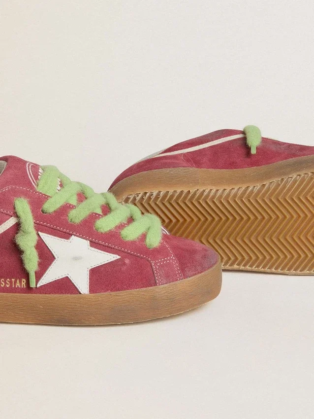 Damskie buty Super-Star z czerwonego zamszu z białą skórzaną gwiazdką i srebrną skórzaną wstawką na obcasie