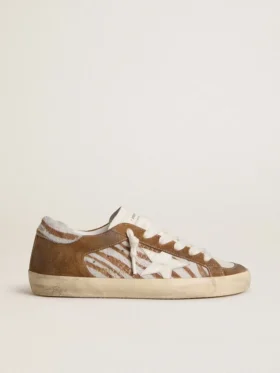 Damskie buty Super-Star z skóry kucyka w zebrowy wzór, z skórzaną gwiazdą i brązowymi zamszowymi wstawkami