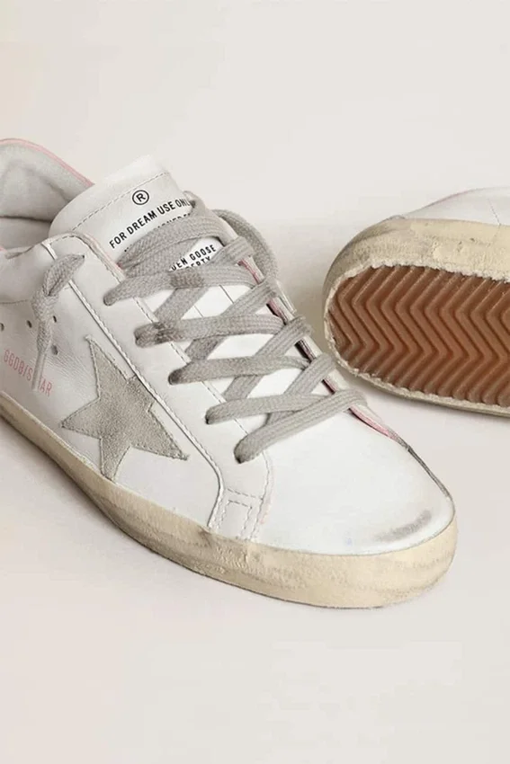 Damskie buty Super-Star z szarą gwiazdą z zamszu i różową skórzaną wstawką na obcasie