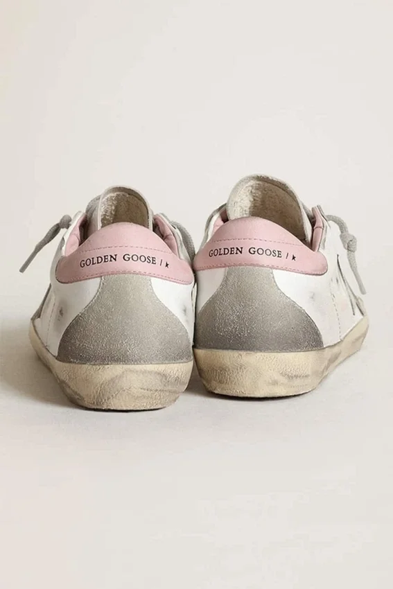 Damskie buty Super-Star z szarą gwiazdą z zamszu i różową skórzaną wstawką na obcasie