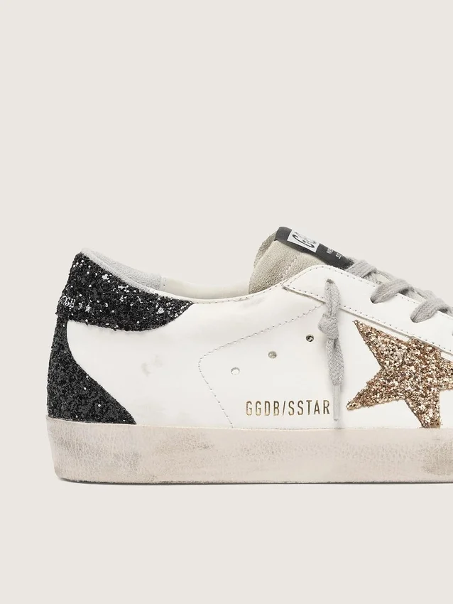 Damskie buty Super-Star ze skóry nappa ze złotą brokatową gwiazdką i czarną brokatową wstawką na obcasie
