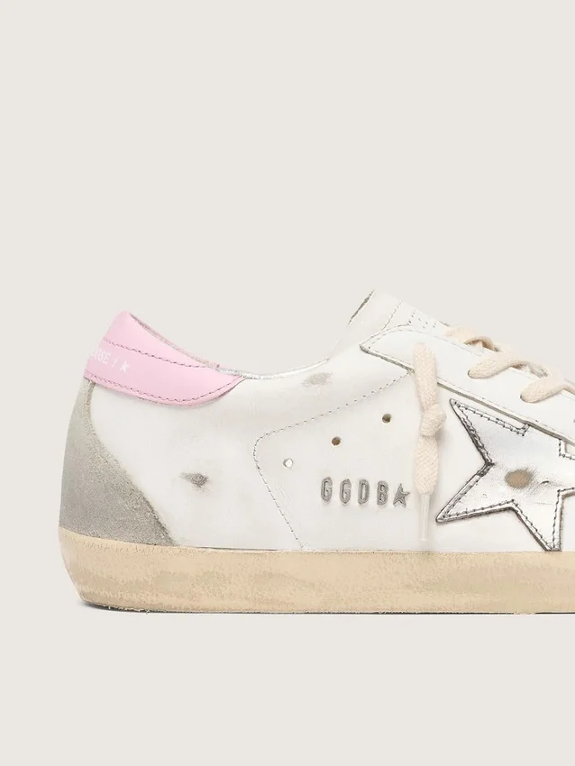 Damskie buty Super-Star ze srebrną skórzaną gwiazdą i różową naszywką na pięcie