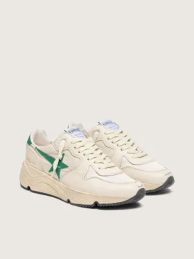 Damskie buty z Running Sole z kremowego nylonu i skóry z zieloną skórzaną gwiazdką