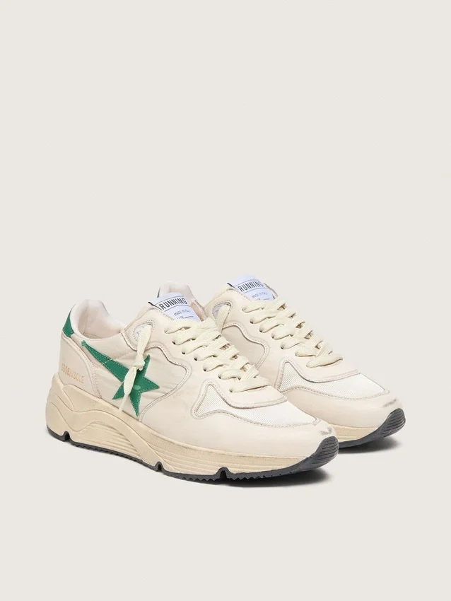Damskie buty z Running Sole z kremowego nylonu i skóry z zieloną skórzaną gwiazdką