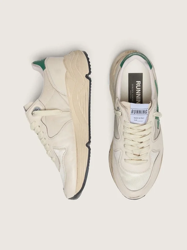 Damskie buty z Running Sole z kremowego nylonu i skóry z zieloną skórzaną gwiazdką