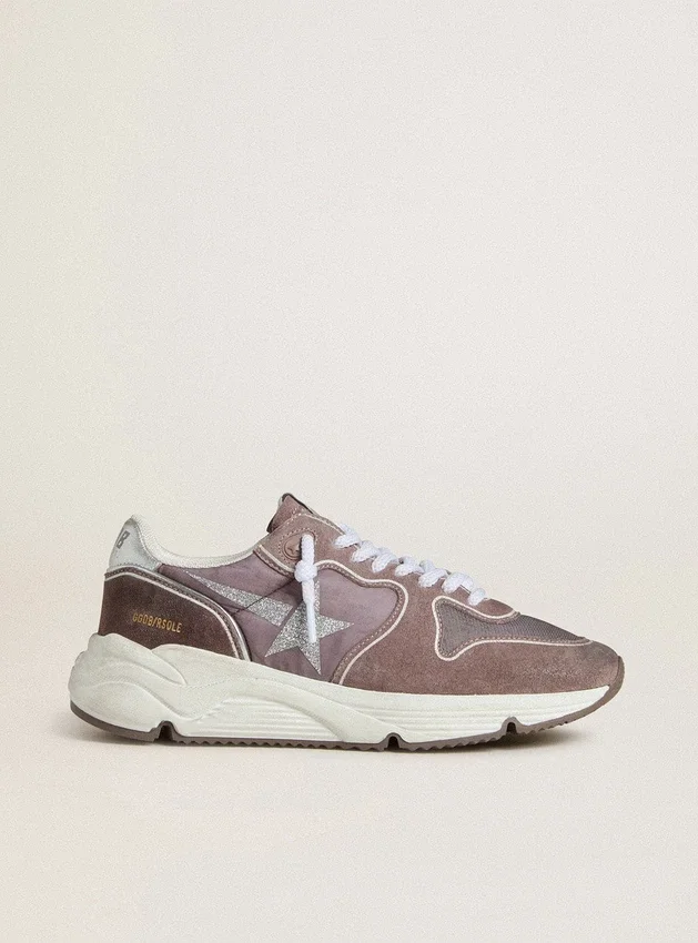 Damskie buty z Running Sole z lawendowego nylonu i zamszu z nadrukowaną gwiazdą oraz srebrną skórzaną wstawką na pięcie