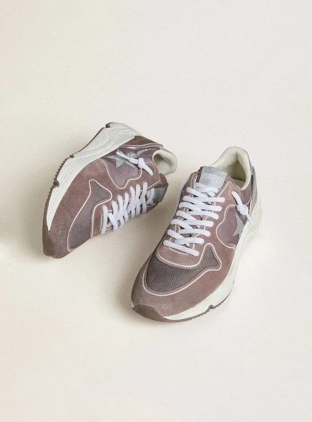 Damskie buty z Running Sole z lawendowego nylonu i zamszu z nadrukowaną gwiazdą oraz srebrną skórzaną wstawką na pięcie