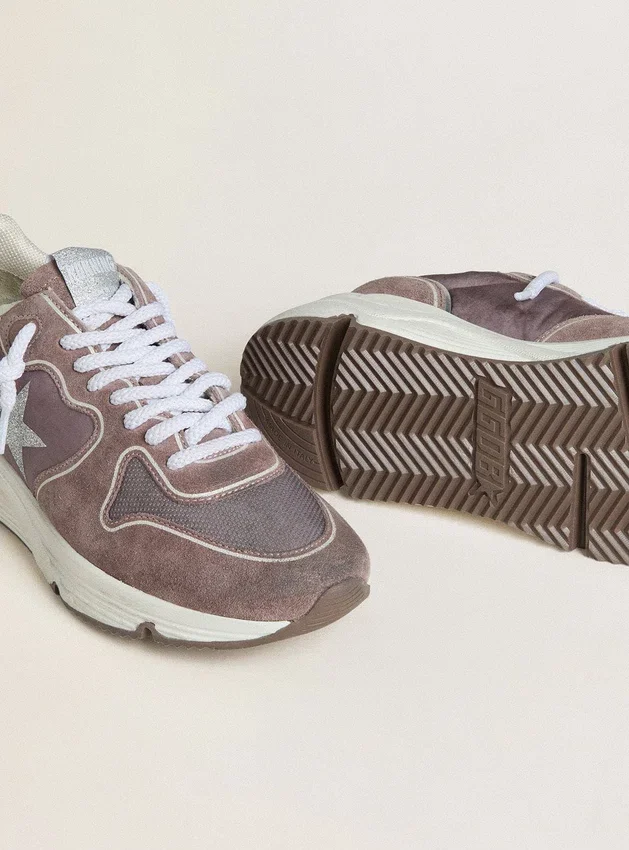 Damskie buty z Running Sole z lawendowego nylonu i zamszu z nadrukowaną gwiazdą oraz srebrną skórzaną wstawką na pięcie