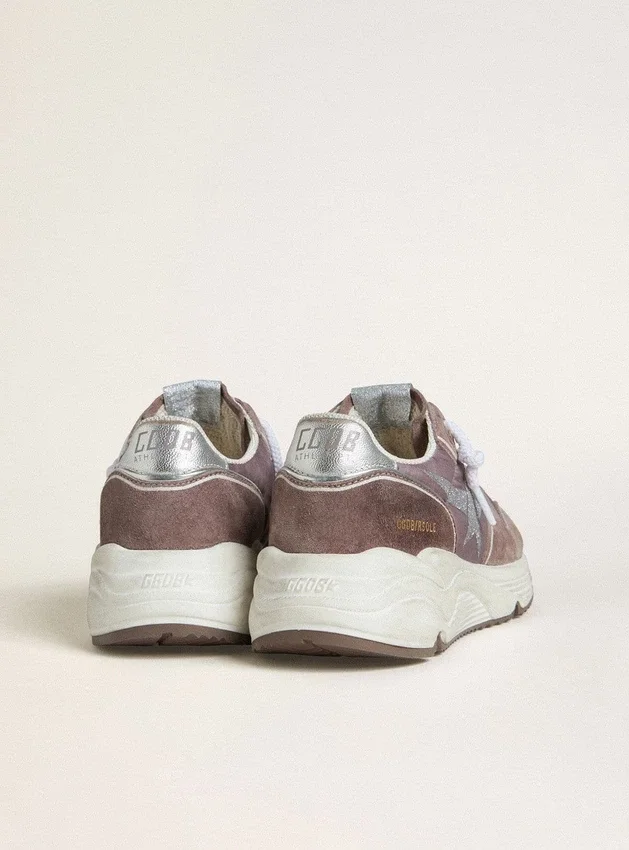 Damskie buty z Running Sole z lawendowego nylonu i zamszu z nadrukowaną gwiazdą oraz srebrną skórzaną wstawką na pięcie
