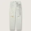 Damskie jeansy w stylu bleached z kryształkami cabochon