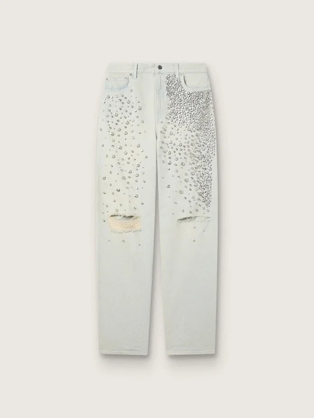 Damskie jeansy w stylu bleached z kryształkami cabochon