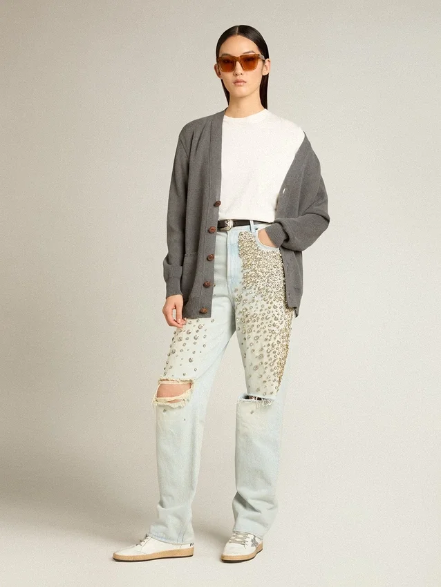 Damskie jeansy w stylu bleached z kryształkami cabochon