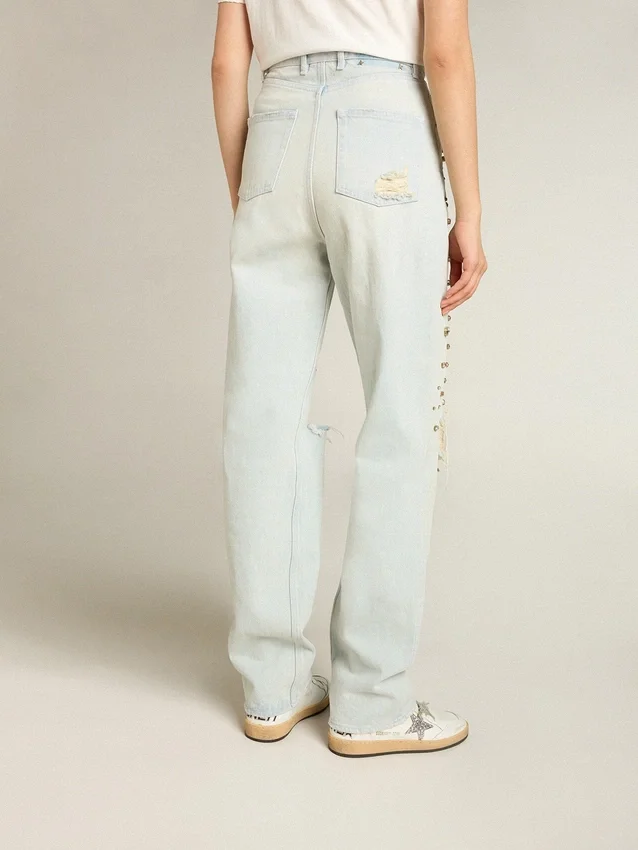 Damskie jeansy w stylu bleached z kryształkami cabochon