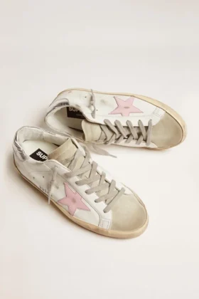 Damskie skórzane buty Super-Star z różową gwiazdką i srebrną wstawką na obcasie