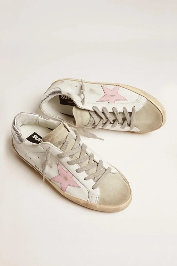 Damskie skórzane buty Super-Star z różową gwiazdką i srebrną wstawką na obcasie