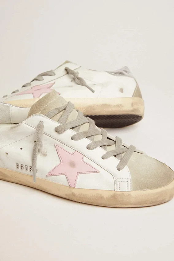 Damskie skórzane buty Super-Star z różową gwiazdką i srebrną wstawką na obcasie