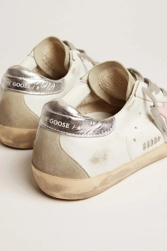 Damskie skórzane buty Super-Star z różową gwiazdką i srebrną wstawką na obcasie