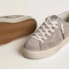 Damskie sneakersy Hi Star z beżowego zamszu z laminowaną skórzaną gwiazdą i brokatową wstawką na obcasie