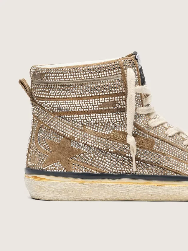Damskie Sneakersy LAB typu Slide z zamszu w kolorze tytoniowym z kryształkami i gwiazdką z zamszu w kolorze tytoniowym