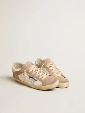 Damskie sneakersy Super-Star z różowego zamszu z gwiazdą ze srebrnej metalicznej skóry